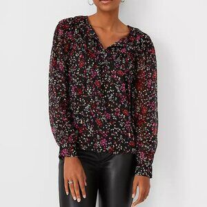 NWT Ann Taylor Black Floral Gold Shimmer Floral Cutout Tiered Yoke Top size XS